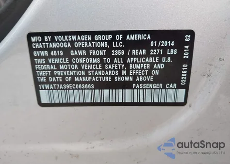 2014 Volkswagen Passat 1.8T S from USA, damaged, VIN 1VWAT7A39EC063663